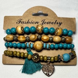 4pcs, Handmade Bohemian Wooden Bead Bracelet with Tassel Pendant.